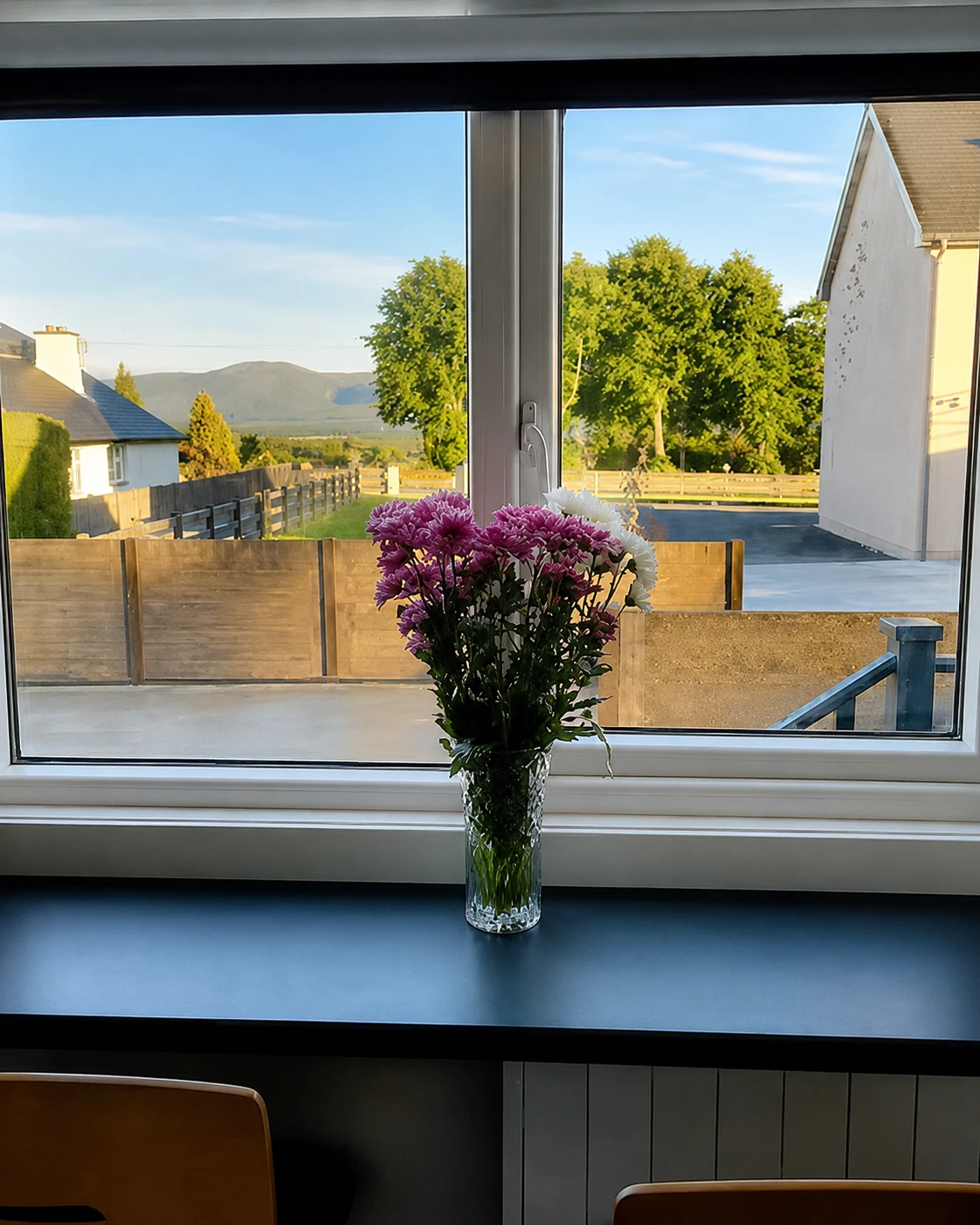 The view through the front window from inside the shepherd's hut